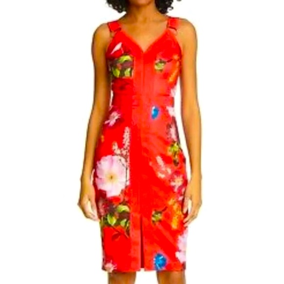 Gorgeous TED BAKER Red Floral Print AMYLIA Sheath Stretch Bodycon Midi Dress 0 - Picture 1 of 7